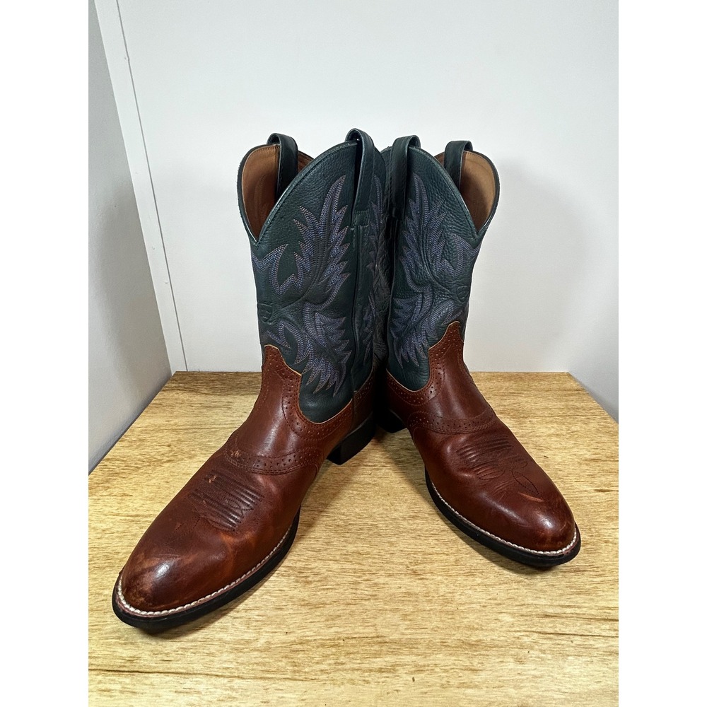 Ariat Mens Western Cowboy Boots Brown Leather Green Embroidered Shaft Sz 10.5EE
